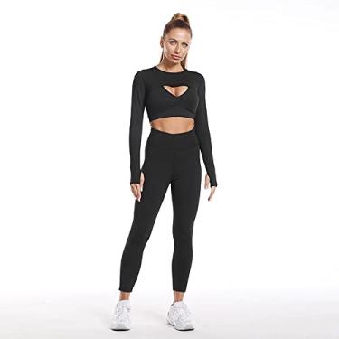Imagem de Yajun 3 peças roupas de ioga stretch treino academia roupas legging levanta bumbum fitness manga longa + sutiã esportivo feminino agasalho, preto, M (busto: 84 cm)