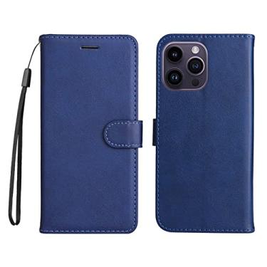 Imagem de YINGDAFENG Capa para iPhone 14/14 Pro/14 Plus/14 Pro Max, capa flip protetora magnética de couro PU com compartimento para cartão alça de pulso suporte de visualização TPU à prova de choque capa interior, azul, 14pro max 6,7 polegadas