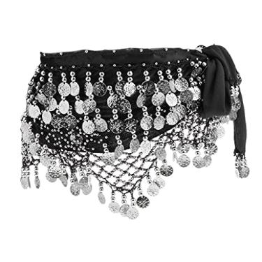 Imagem de menolana Plenty Moedas de dança do ventre cachecol com saias, correntes de cintura, fantasias de dança - Preto prata, conforme descrito