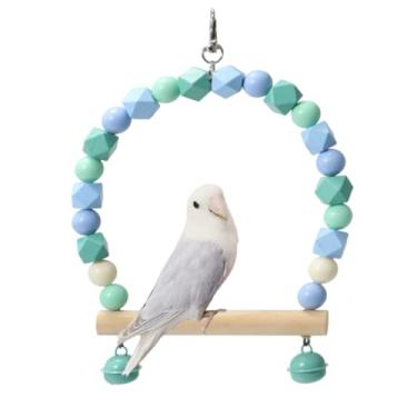 Imagem de Balanço de pássaro de madeira para calopsitas, papagaio, brinquedos pendurados, periquitos, suportes de gaiola, playground, acessórios de ginástica, brinquedo de escalada de sino de contas coloridas para periquitos, conures e periquitos (azul-verde)