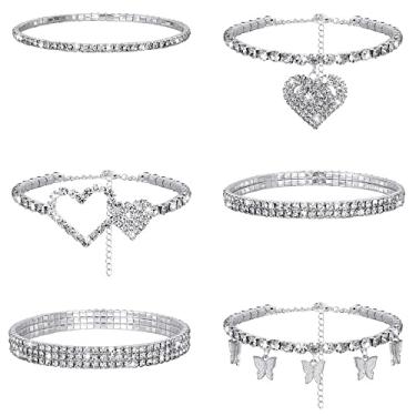 Imagem de Laumoi 6 peças pulseiras de tornozelo para mulheres Natal strass elástico tornozeleira coração tornozeleira joias cristal corrente de pé, Heart Style, strass, Sem pedras preciosas