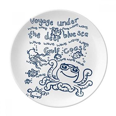 Imagem de Prato decorativo com estampa de vida marinha polvo azul de porcelana salver louça de jantar