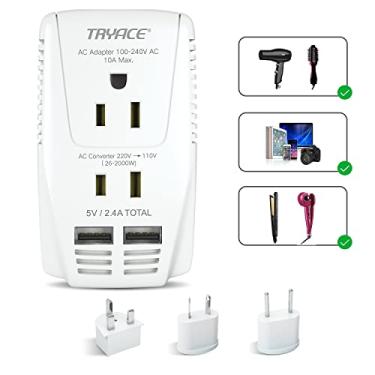 Imagem de TryAce Conversor de voltagem de viagem 2000 W Step Down 220 v a 110 v para secador de cabelo alisador modelador de cabelo, adaptador de alimentação 10A com carregamento de 2 USB EU/UK/AU/US Plugue mundial para laptop