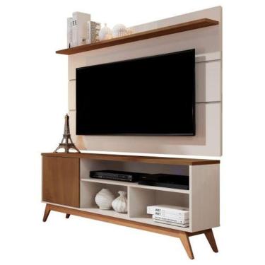 Imagem de Rack Com Painel 1.36 TV Até 55 Retrô Pés Madeira Porta Nichos Prateleira Malbec Wood