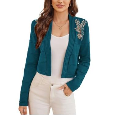 Imagem de GRACE KARIN Cardigã feminino curto manga longa bolero leve bolero suéter elegante tops com strass P-GGG, Strass azul, P