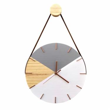 Imagem de Relógio De Parede Geométrico Branco E Cinza Ponteiros Rosê Com Alça -