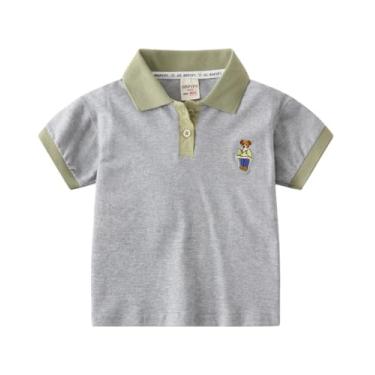 Imagem de Yueary Camiseta polo infantil com botão e gola V, manga curta, gola V, estampa fofa de urso, bordado, Cinza, 100/2-3 Y