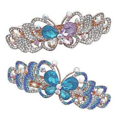 Imagem de Presilhas de cristal de strass - Conjunto de 2 - Clipes de cabelo de borboleta com joias - 1 com cristais azuis e 1 com cristais multicoloridos - Presilha de metal em tom de ouro rosa - 8 cm L x 3 cm