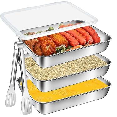 Imagem de Akamino 3 bandejas de panificação de aço inoxidável, 26 x 19 x 4 cm com tampas e pinça para dragar peitos de frango e marinar carne, bandejas de preparação de alimentos para peixes, panko, schnitzel