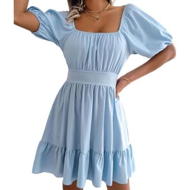 Imagem de Vestido feminino 2024 decote quadrado mangas balão laço nas costas vestido casual babados ombro de fora evasê mini vestido vintage, Azul, G