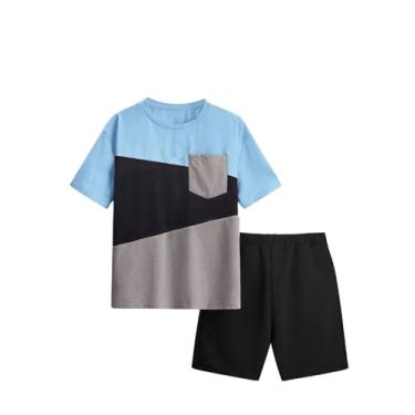Imagem de SweatyRocks Conjunto de 2 peças colorblock para meninos camiseta de manga curta gola redonda e short, Preto e azul., 11-12Y