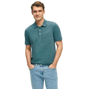 Imagem de Brooks Brothers Camisa polo masculina de manga curta listrada de algodão, Azul marinho/verde, M