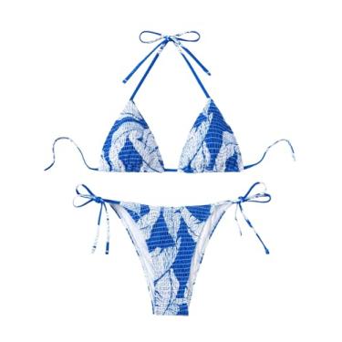 Imagem de SHENHE Biquíni feminino com estampa floral, nó nas costas, alças finas, conjunto de biquíni push up, 2 peças, Azul e branco, P