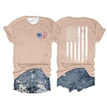 Imagem de Camisetas femininas patrióticas da bandeira americana manga curta plus size 4 de julho camisetas estampadas verão casual 2024 tops modernos, Bege, G