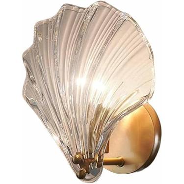 Imagem de Luminária de parede de vidro moderna com formato de concha para quarto, luminária de parede antiferrugem de ferro, arandela dourada, luminária de parede para banheiro, para sala de estar, co