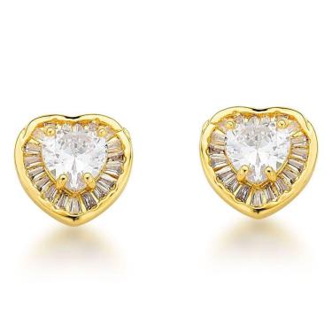 Imagem de Conjunto Colar eBrincos Coração Cravejado Banhado A Ouro 18k Cristal