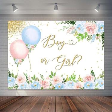 Imagem de Joliaco Balões de fundo revelador de gênero rosa ou azul floral para chá de bebê, para meninos ou meninas, decoração de mesa de bolo de festa, adereços de estúdio fotográfico (2,1 x 1,5 m)