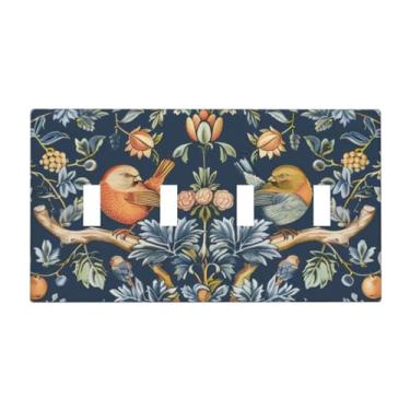 Imagem de Yamxbfa William Morris Flores Azul Escuro Pássaro Quadriciclo Interruptores de Luz Cobertura Decorativa 4 Gang Placas de Parede 4 Orifícios Aparelhos Elétricos para Decoração de Banheiro Coutry