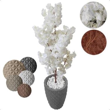 Imagem de Flor Cerejeira Branca Japonesa Arranjo Artificial com Vaso de Decoraçã