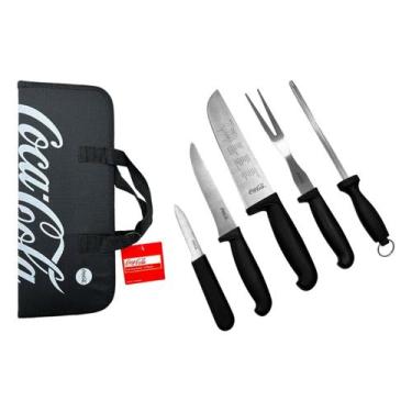 Imagem de Jogo Churrasco Coca Cola Garfo Faca Afiador Maleta 5 Peças - Hauskraft
