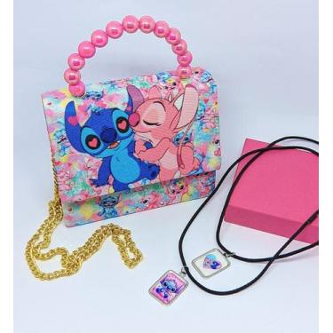 Imagem de Kit Bolsa Infantil Mini Bag Transversal Alça Mão Pérola Stitch e Lilo 