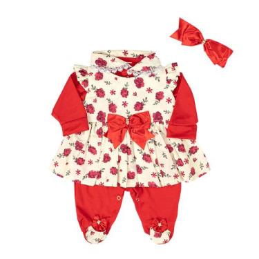 Imagem de Macacão com Vestido e Faixa de Cabelo Floral Vermelho 03 Peças - Vitor