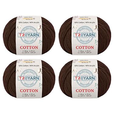 Imagem de Troyarn Algodão (pacote com 4 novelos) 60% algodão 40% fio de acrílico, macio, fino/esportivo (2) para crochê e tricô 50 g / 165 m (10336 - marrom)