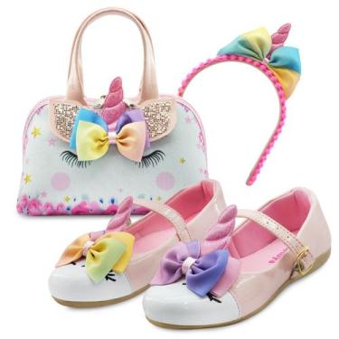 Imagem de Kit Sapatilha Infantil MzKid Unicórnio com Bolsinha e Tiara Laço Branc