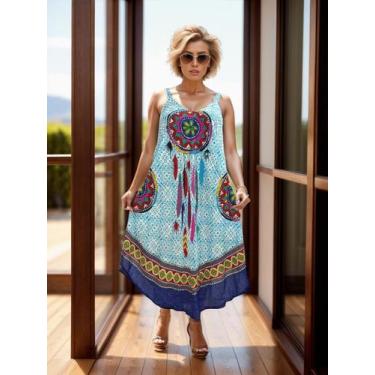 Imagem de Vestido longo camadas perfeito plus size l53 - Deeyaa Indiana, M, Azul
