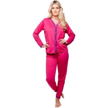 Imagem de Pijama Feminino Modelo Americano Aberto com Botões Meia Malha Manga Lo