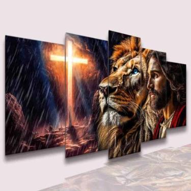 Imagem de Quadro Decorativo Mosaico 5 Pçs Sala Quarto Jesus Cristo e Leão de Jud