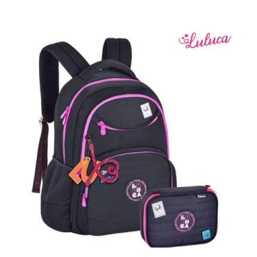 Imagem de Kit mochila de costas lancheira estojo Luluca original, Preto