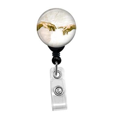 Imagem de Michelangelo – The Creation of Adam – Suporte de crachá personalizado com nome de identificação – carretel de crachá de enfermeira (carretel de crachá preto com clipe de mola), Black Badge Reel With Belt Slide Clip