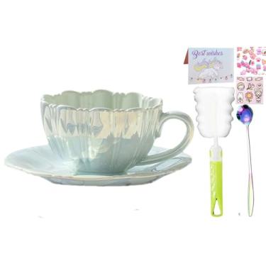 Imagem de seelucky Caneca de café de cerâmica com concha de pérola, conjunto de porta-copos para chá, latte, leite, xícara fofa com pires para presente feminino de escritório em casa 185 g (azul pétala, 240 ml)