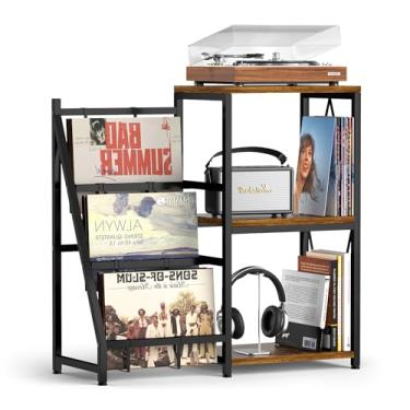 Imagem de Y&M Suporte para toca-discos com armazenamento de vinil, prateleira para discos de vinil comporta até 200 álbuns, mesa giratória de 3 níveis, prateleira de exibição para CD de álbum, mesa de canto