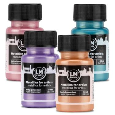 Imagem de LM-Kreativ Tinta acrílica metálica 4 x 50 ml - Conjunto de Poesia Pastell - Tintas acrílicas metálicas premium para artistas, 50 ml - Perfeita para projetos de tela, madeira, cerâmica e bricolage