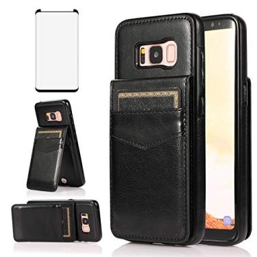 Imagem de Capa de celular para Samsung Galaxy S8 com protetor de tela de vidro temperado e suporte para cartão de crédito, capa de celular de couro, acessórios para celular Glaxay S 8 Gaxaly 8S Edge SM-G950U Cases feminino masculino preto
