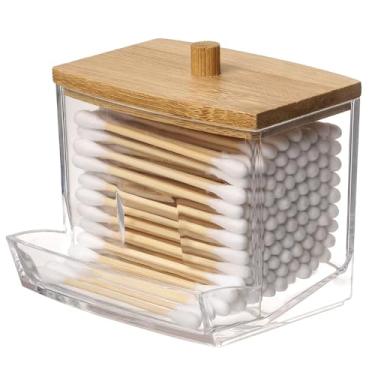 Imagem de Porta Cotonete Organizador Higienico com Tampa de Bambu Acrilico para Banheiro Quarto de Bebe Pote para Armazenar