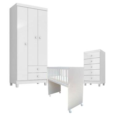 Imagem de Quarto Bebê 3 Portas com Gaveteiro Ternura Baby e Mini Berço Moisés Alegria com Colchão - Incorplac