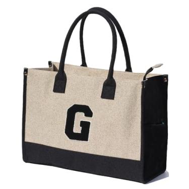 Imagem de ESVAN Sacola de lona personalizada para presentes de linho, bolsas de mão com fecho de zíper inicial, bolsa utilitária retrô, G
