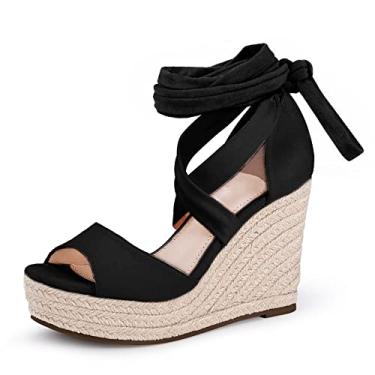 Imagem de Sandália feminina de alpargatas, salto alto, bico aberto, amarrar, plataforma, tira no tornozelo, sapatos sociais de verão, 4 - Preto, 36