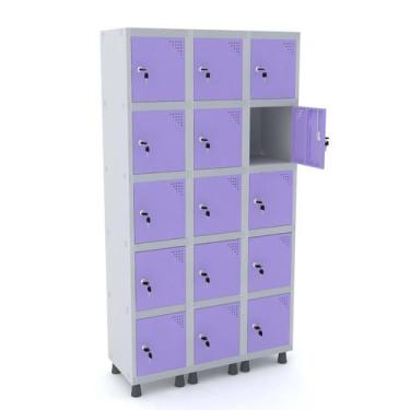 Imagem de Roupeiro de aço 3m 15 portas fechadura pandin - cinza/lilás