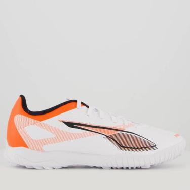 Imagem de Chuteira Puma Ultra 5 Play TT Futsal Branca e Laranja, 40