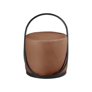 Imagem de Puff Decorativo Asterix Redondo Madeira Maciça Courino Mac Preto E Caramelo