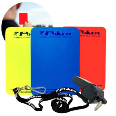 Imagem de Kit Árbitro Juiz Marca Poker Profissional Futebol Campo Society Futsal Cartão + Apito e Cordão
