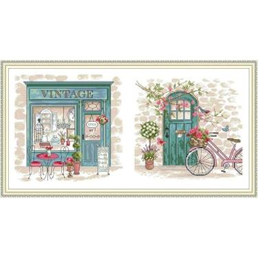 Imagem de Benway Conjuntos de kits de ponto cruz estampado de 14 quilates, kit de bordado, vintage aberto, porta verde, flores de bicicleta na Provença 52 × 29 cm, 20,47" x 11,42"