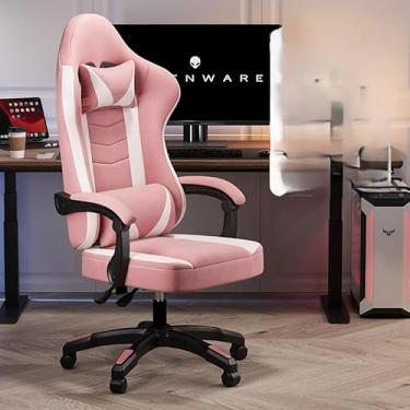 Imagem de Cadeira de jogos com apoio para os pés, cadeira de escritório ergonômica estilo corrida (rosa)