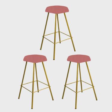 Imagem de Kit 03 Banqueta Alta Lari Eiffel Hexágono Bancada Bar Balcão Bistrô Ferro Dourado Suede Rose Gold - Ahz Móveis