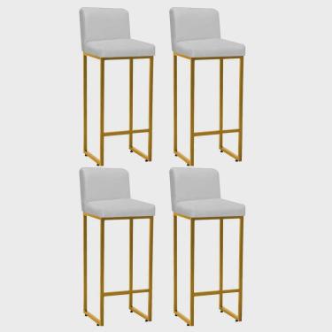 Imagem de Kit 04 Banqueta Alta Com Encosto Lucca -60cm chão até o assento Industrial Ferro Dourado Sintético Branco - Ahz Móveis