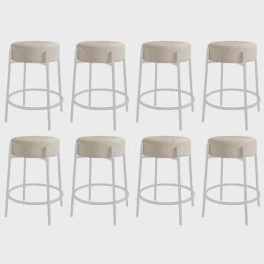 Imagem de Kit 08 Banquetas Alta Sintra 65cm Redonda Ferro Branco Linho Fendi - Ahazzo Móveis